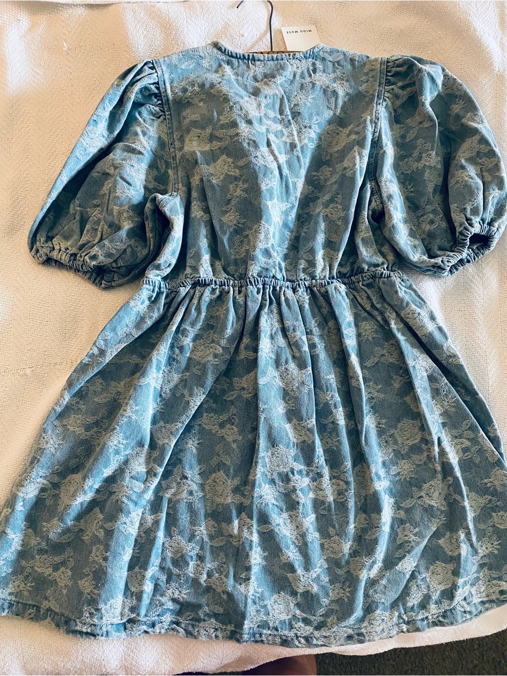 NWT Boutique Denim Floral print Dress w/ pockets Tie-Front Puff Sleeve Midi Dres - Picture 3 of 10